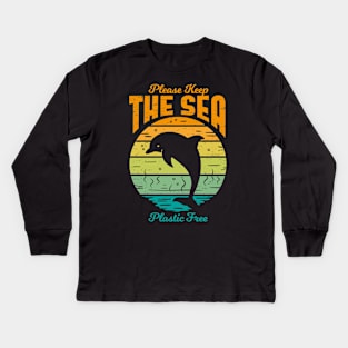 Please Keep the Sea Plastic Free - Retro Dolphin Kids Long Sleeve T-Shirt